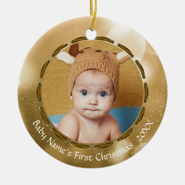 Adorno De Cerámica Baby First Christmas Gold Bokeh Fotos personalizad (Frente)