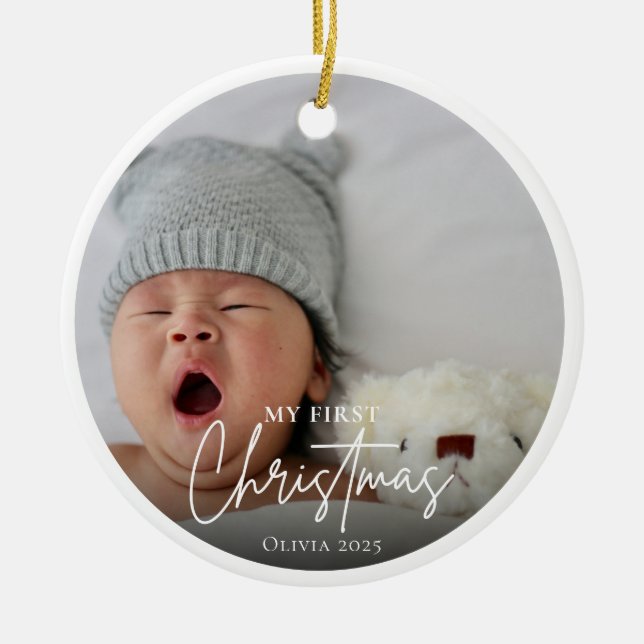 Adorno De Cerámica Baby First Christmas Moderne Simple Photo Template (Frente)
