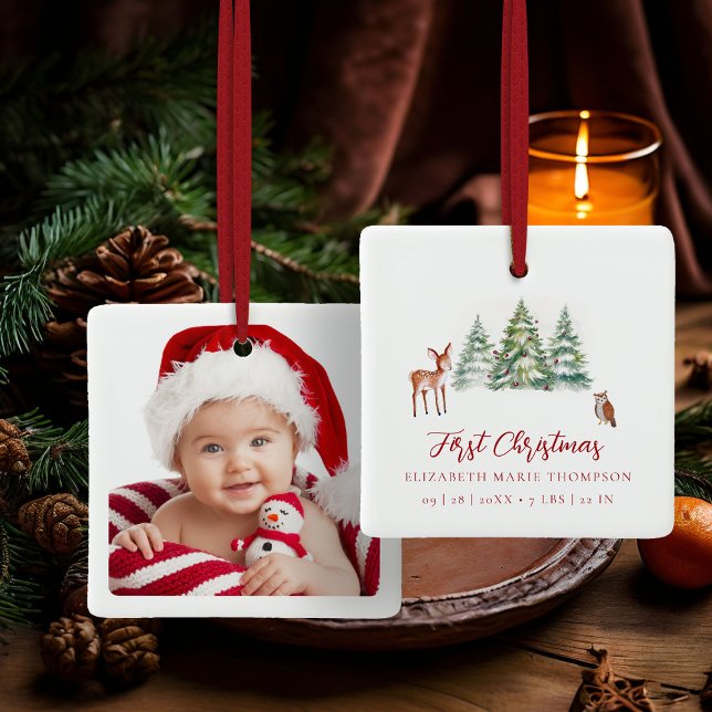 Adorno De Cerámica Baby First Christmas Owl Deer Woodland Photo  (baby first christmas ornament woodland deer owl trees baubles photo template red calligraphy)
