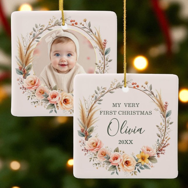 Adorno De Cerámica Baby First Christmas Pampas Grass Wildflower Boho (Subido por el creador)