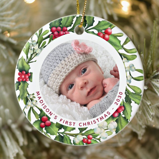 Adorno De Cerámica Baby First Christmas Personalize 2 Photo Mistleto (Subido por el creador)