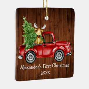 Adorno De Cerámica Baby First Christmas Red Truck Moose FOTO BACK
