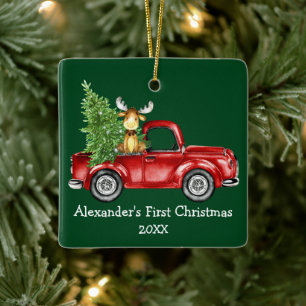 Adorno De Cerámica Baby First Christmas Red Truck Moose Green