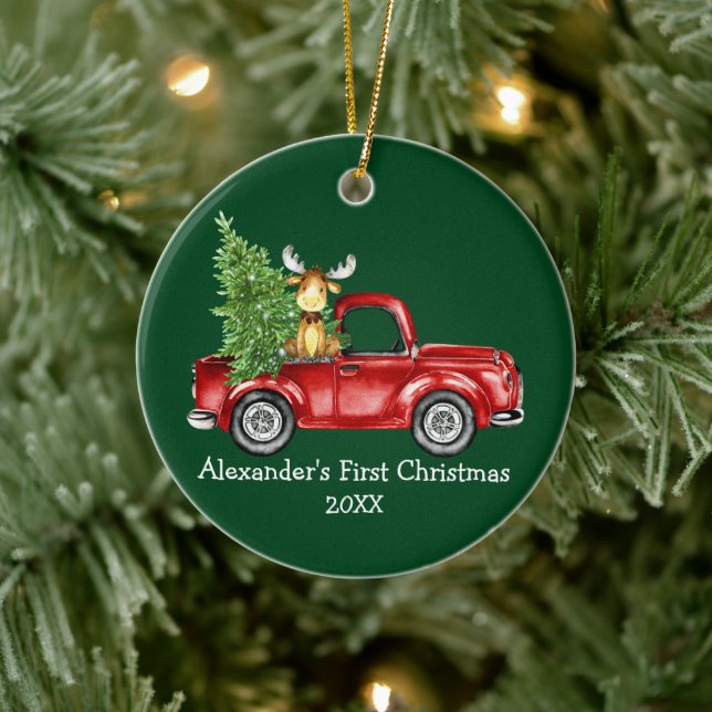 Adorno De Cerámica Baby First Christmas Red Truck Moose Green Round (Árbol)