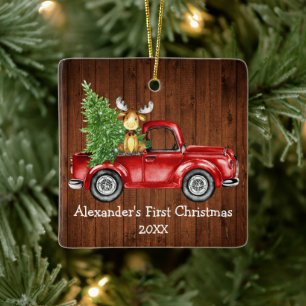 Adorno De Cerámica Baby First Christmas Red Truck Moose Rustic