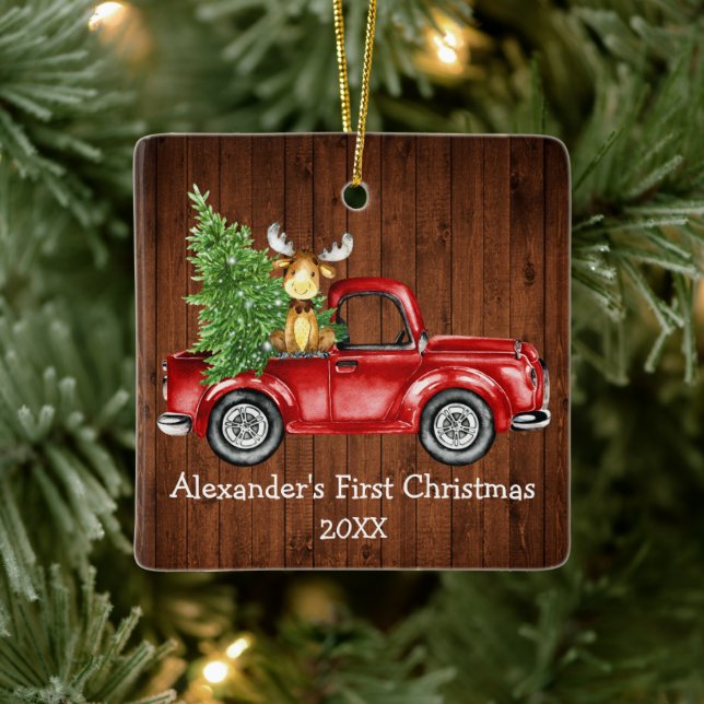 Adorno De Cerámica Baby First Christmas Red Truck Moose Rustic (Árbol)