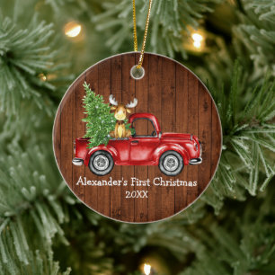 Adorno De Cerámica Baby First Christmas Red Truck Moose Rustic Round