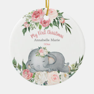 Adorno De Cerámica Baby First Christmas Rubor Rosa Elephant