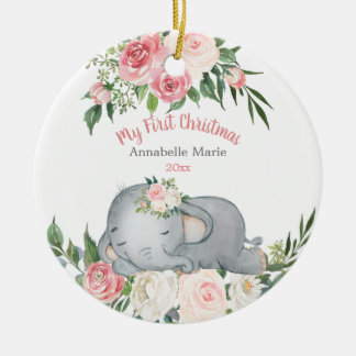 Adorno De Cerámica Baby First Christmas Rubor Rosa Elephant