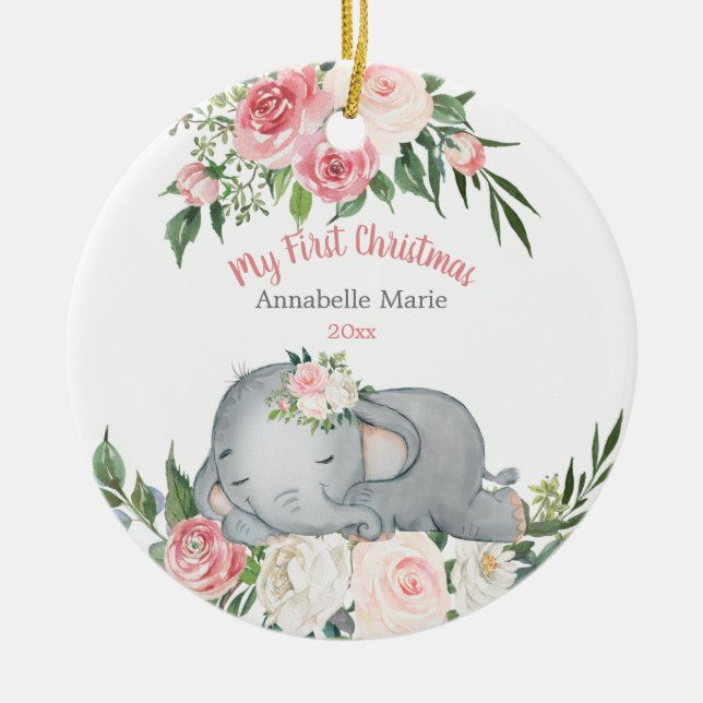 Adorno De Cerámica Baby First Christmas Rubor Rosa Elephant (Frente)