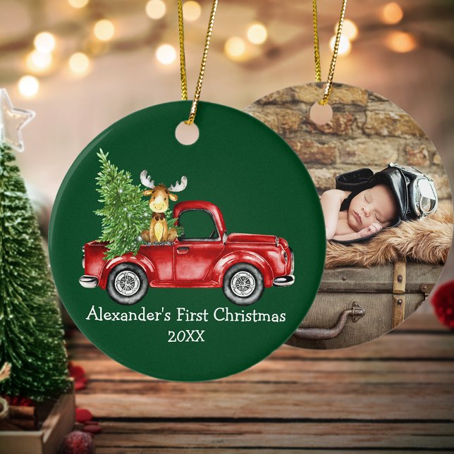 Adorno De Cerámica Baby First Christmas Truck Moose FOTO BACK Green (Customize with name, year and photo on back.)