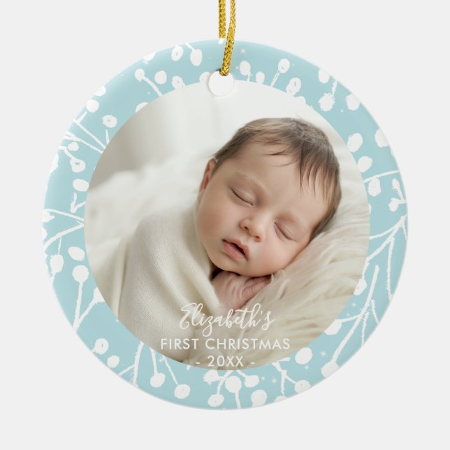 Adorno De Cerámica Baby First Christmas Winter Botanical Berries Blue (Frente)