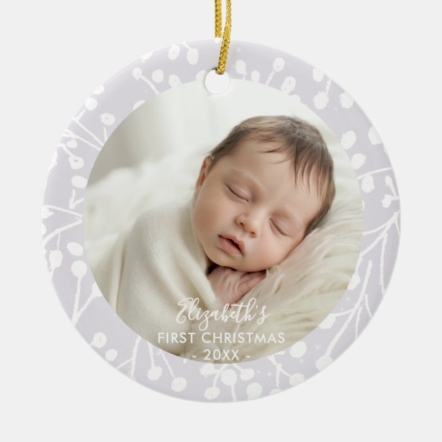 Adorno De Cerámica Baby First Christmas Winter Pink Botanical Berries (Frente)
