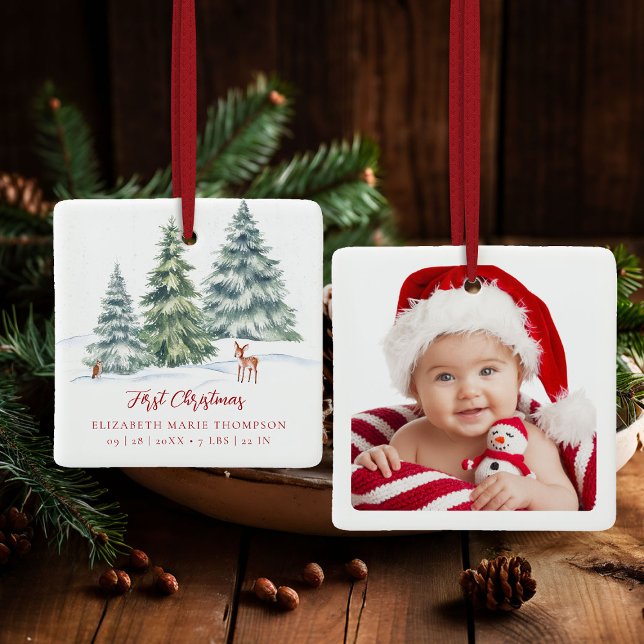Adorno De Cerámica Baby First Christmas Woodland Deer Owl Photo  (baby first christmas ornament woodland deer owl winter wonderland photo template red calligraphy)