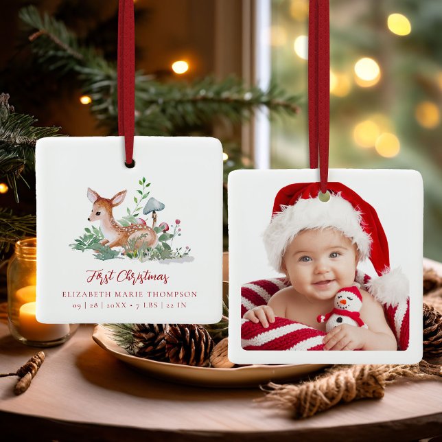 Adorno De Cerámica Baby First Christmas Woodland Deer Photo  (baby first christmas ornament woodland deer mushrooms photo template red calligraphy)