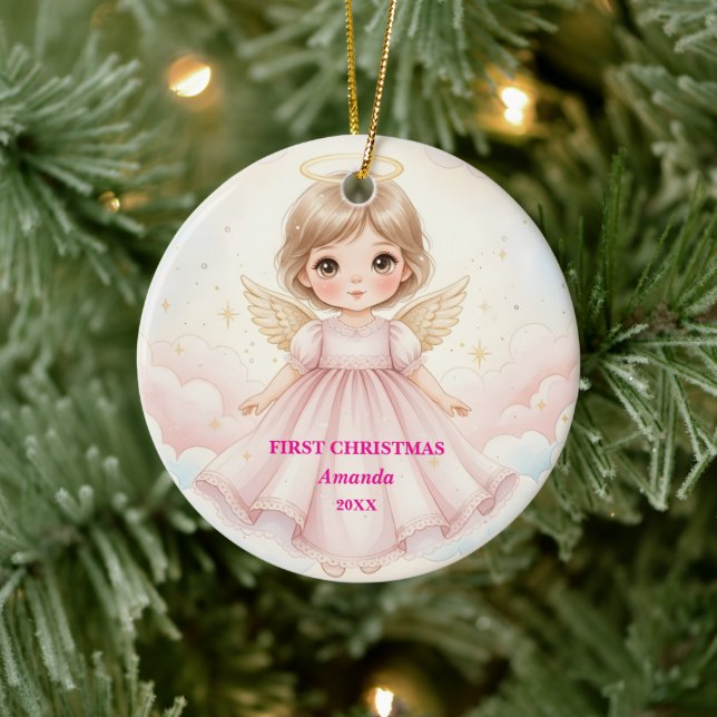 Adorno De Cerámica Baby Girl First Christmas Pink Angel Photo (Árbol)