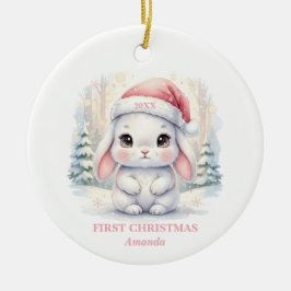 Adorno De Cerámica Baby Girl First Christmas Pink Bunny Photo
