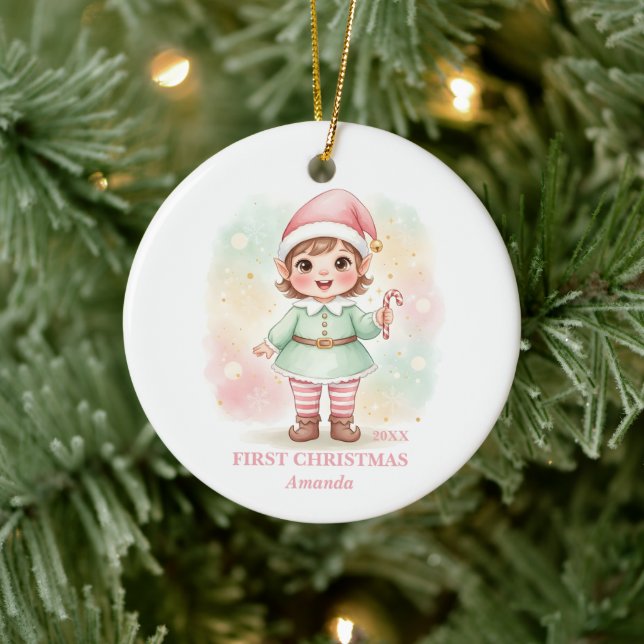 Adorno De Cerámica Baby Girl First Christmas Pink Elf Photo (Árbol)