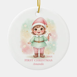 Adorno De Cerámica Baby Girl First Christmas Pink Elf Photo