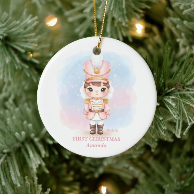 Adorno De Cerámica Baby Girl First Christmas Pink Nutcracker Photo (Árbol)