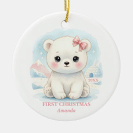 Adorno De Cerámica Baby Girl First Christmas Pink Polar Bear Photo