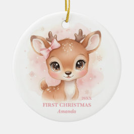 Adorno De Cerámica Baby Girl First Christmas Pink Reindeer Photo