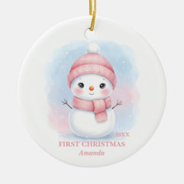 Adorno De Cerámica Baby Girl First Christmas Pink Snowman Photo