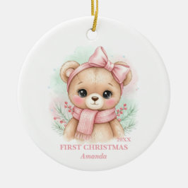 Adorno De Cerámica Baby Girl First Christmas Pink Teddy Bear Photo