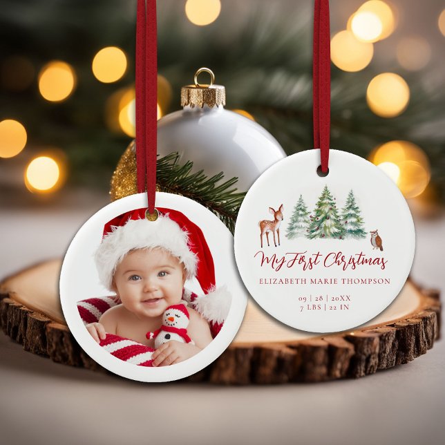 Adorno De Cerámica Baby My First Christmas Deer Owl Woodland Photo  (baby my first christmas ornament woodland deer owl trees baubles photo template red calligraphy)