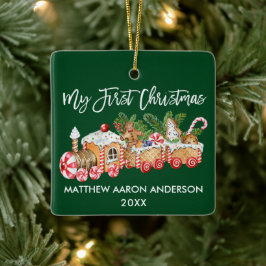 Adorno De Cerámica Baby My First Christmas Gingbread Train Green