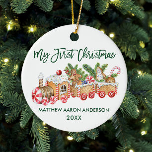 Adorno De Cerámica Baby My First Christmas Gingbread Train Green