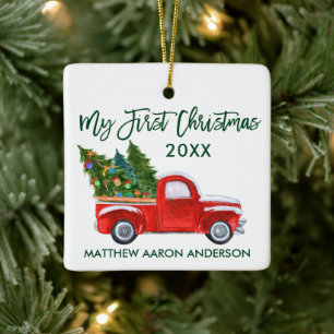 Adorno De Cerámica Baby My First Christmas Green Vintage Red Truck