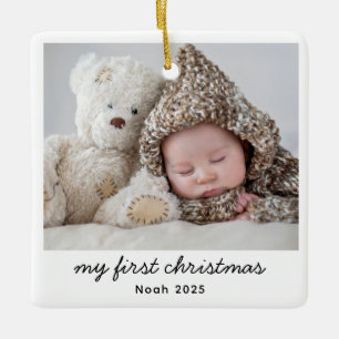 Adorno De Cerámica Baby My First Christmas Photo Moderne Script Name