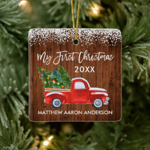 Adorno De Cerámica Baby My First Christmas Red Truck Wood Snow