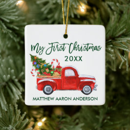 Adorno De Cerámica Baby My First Christmas Truck Tree Candy Canes