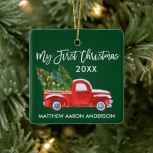 Adorno De Cerámica Baby My First Christmas Vintage Red Truck Green