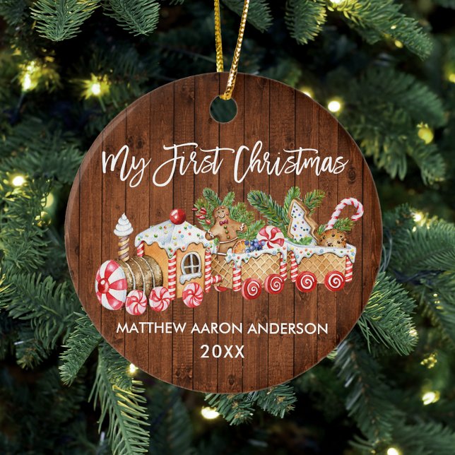 Adorno De Cerámica Baby My First Christmas Wood Gingbread Train (Baby's First Christmas Candy Cane Train Ornament)