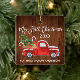 Adorno De Cerámica Baby My First Christmas Wood Red Truck Candy Canes