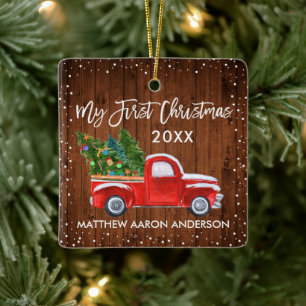 Adorno De Cerámica Baby My First Christmas Wood Snow Red Truck