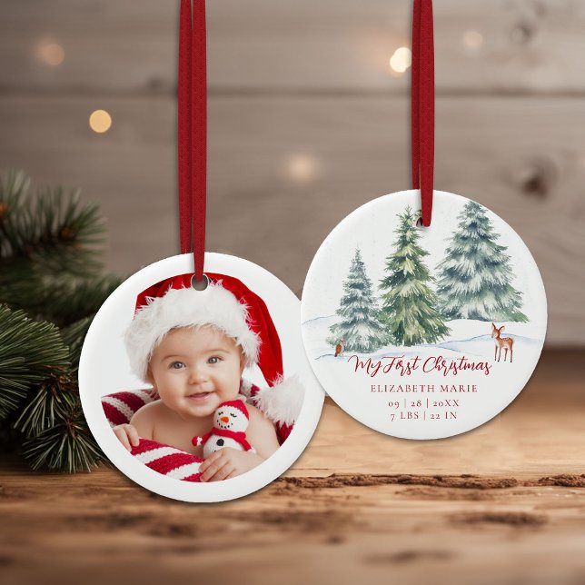 Adorno De Cerámica Baby My First Christmas Woodland Deer Owl Photo  (baby my first christmas ornament woodland deer owl trees baubles photo red calligraphy)