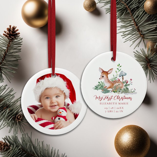Adorno De Cerámica Baby My First Christmas Woodland Deer Photo  (baby my first christmas ornament woodland deer mushrooms photo template red calligraphy)