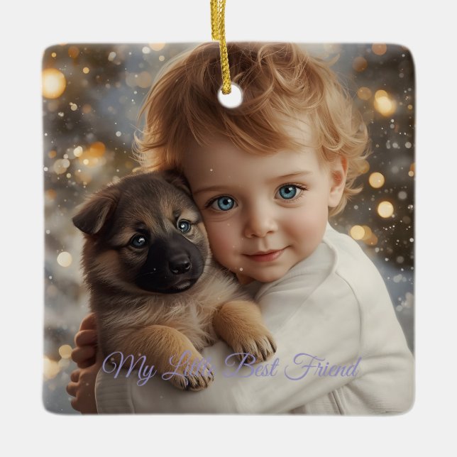 Adorno De Cerámica Baby & Puppy Christmas Magic Ornament (Anverso)