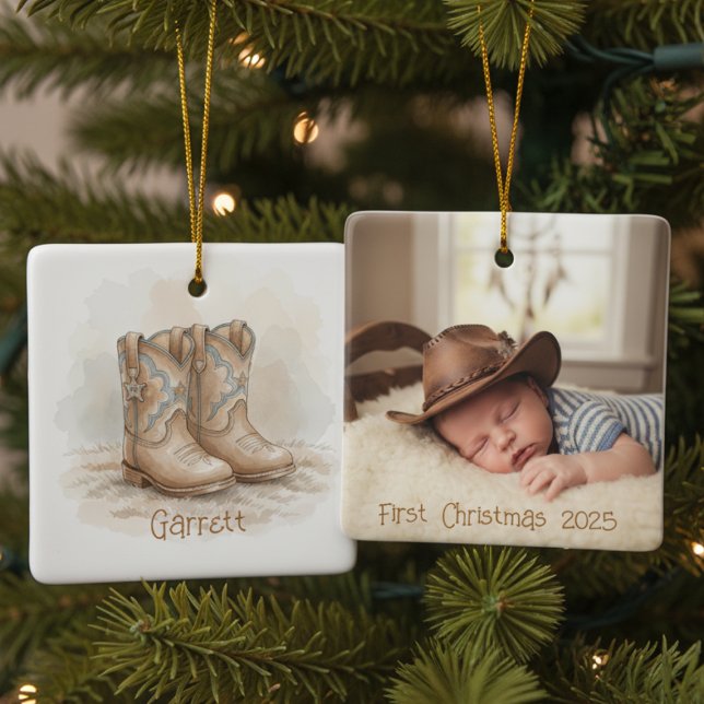 Adorno De Cerámica Baby’s First Christmas Cowboy Boots Photo (Baby's 1st Christmas  Cowboy Boots Christmas ornament)