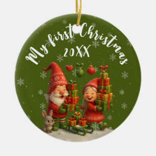 Adorno De Cerámica Baby’s First Christmas Green - Cute Holiday Gnomes