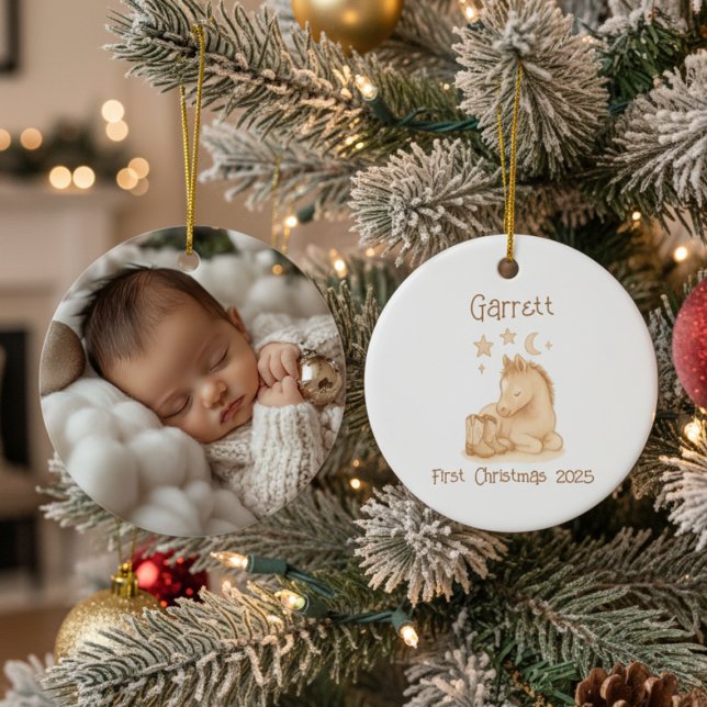 Adorno De Cerámica Baby’s First Christmas Western Photo (Personalized baby's first Christmas photo ornament)