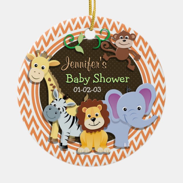 Adorno De Cerámica Baby Shower de la jungla; Naranja y cheurón blanco (Frente)