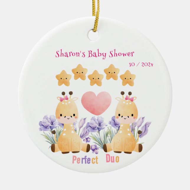 Adorno De Cerámica Baby Shower gemelo | Cute Giraffe Baby Shower (Frente)