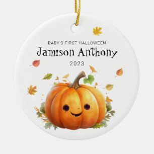 Adorno De Cerámica Babys 1ᵉʳ Halloween Cute Calabaza y Hojas Ornament