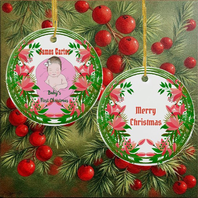 Adorno De Cerámica Babys 1Navidades Personalizado Foto Camarera Botán (Babys 1st Christmas Custom Photo Botanical Wreath Ceramic Ornament)