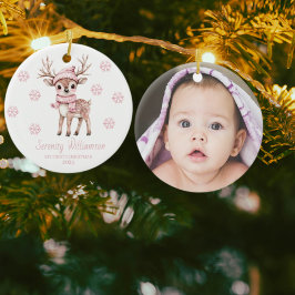Adorno De Cerámica Babys 1st Christmas Photo Pink Snowflakes Woodland